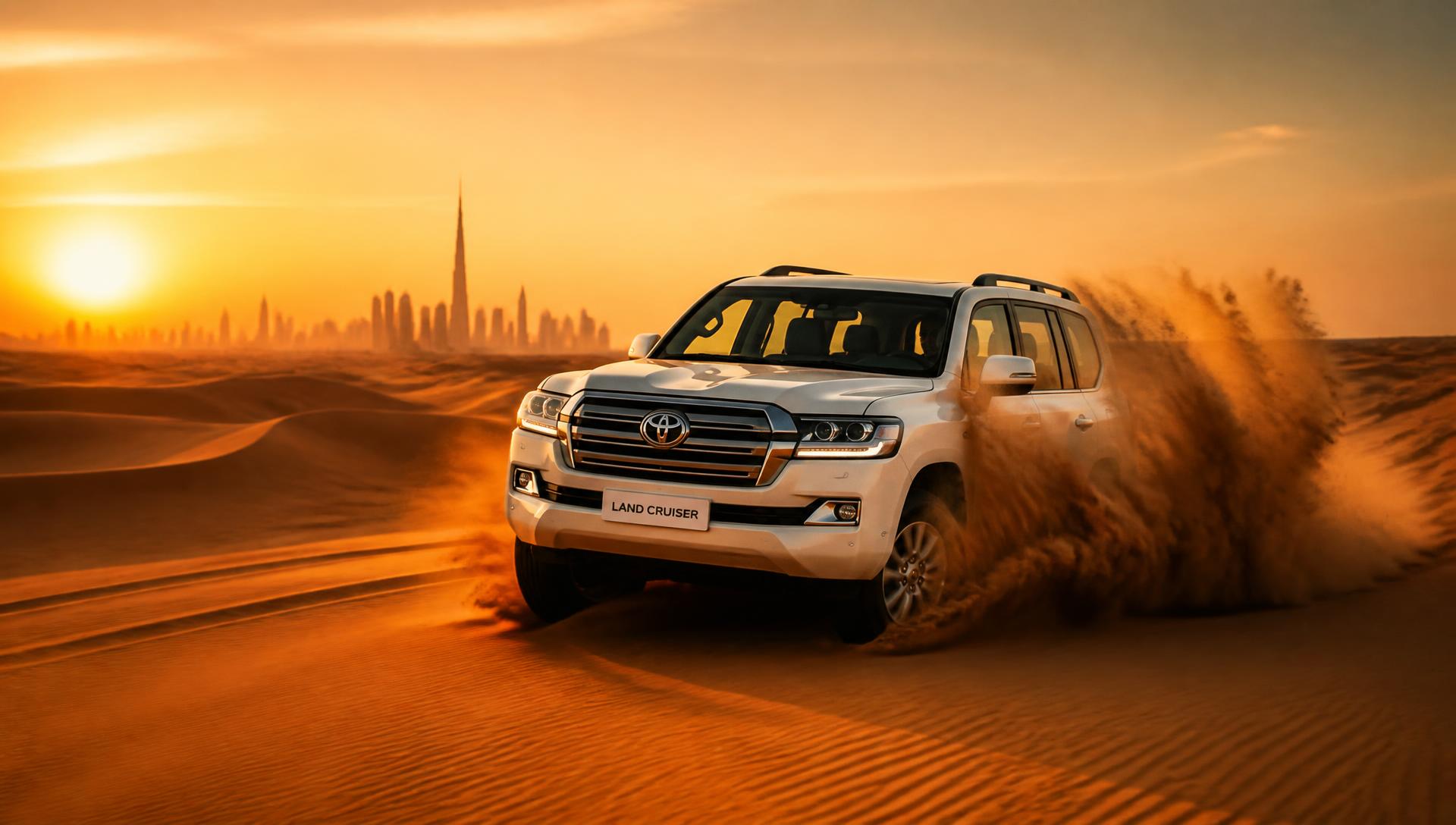Land Cruiser dune bashing across Dubai desert dunes at sunset